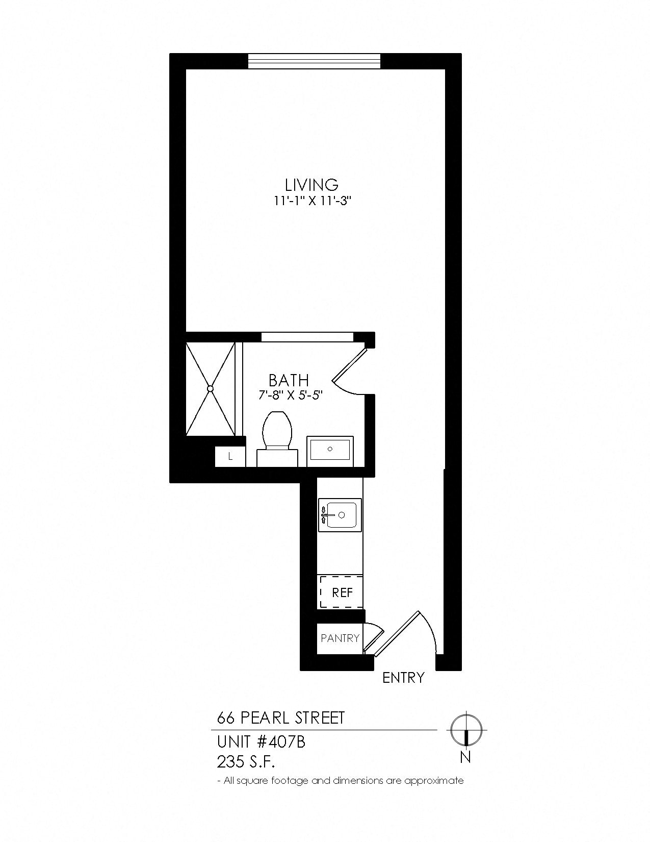Floor plan for studio, 1 bath, 235 sqft